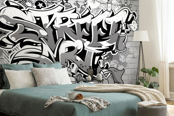 Tapeta szary Street Art napis sprejem