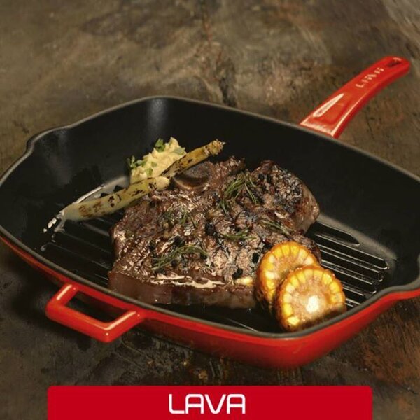 Patelnia grillowa 28 x 28 cm z pokrywką, żeliwna, czerwona LAVA METAL LVPGT2828K3R