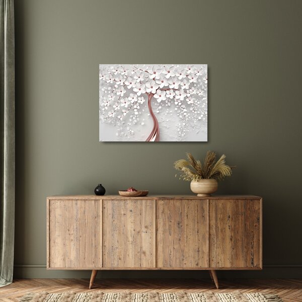 Obraz na szkle - Obraz na szkle białego drzewa z kwiatami, rosegold (70x50 cm)