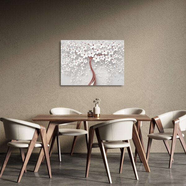 Obraz na szkle - Obraz na szkle białego drzewa z kwiatami, rosegold (70x50 cm)