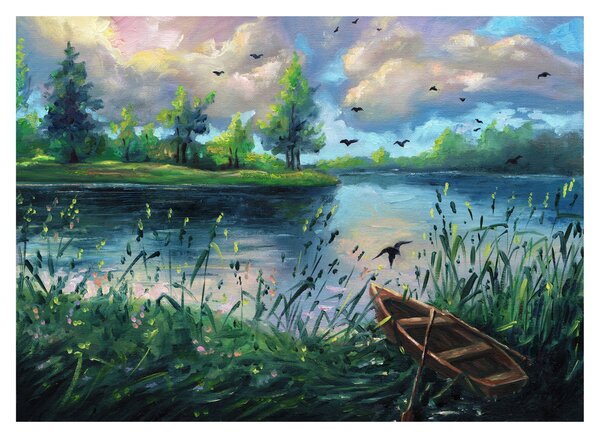 Obraz na szkle - Obraz na szkle olejny, Wczesny letni wieczór nad jeziorem (70x50 cm)