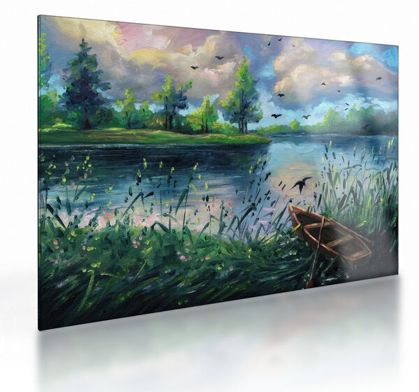 Obraz na szkle - Obraz na szkle olejny, Wczesny letni wieczór nad jeziorem (70x50 cm)