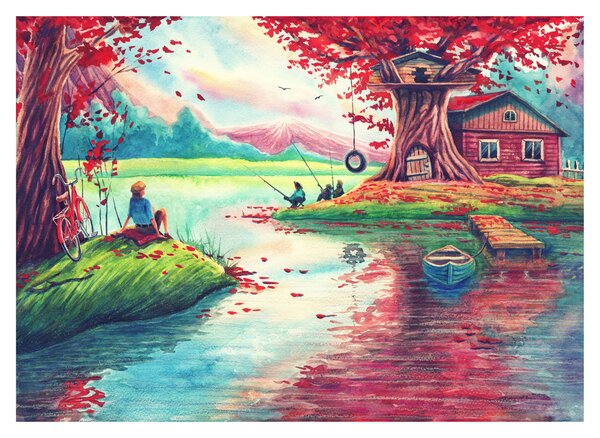 Obraz na szkle - Akwarela, Bay in a mountain village (70x50 cm)