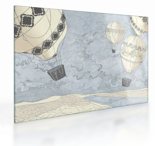 Obraz na szkle - Balony nad miastem, zimne odcienie (70x50 cm)