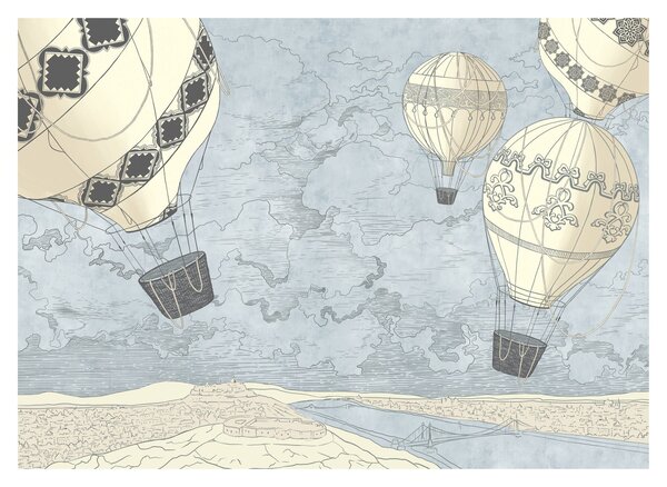 Obraz na szkle - Balony nad miastem, zimne odcienie (70x50 cm)