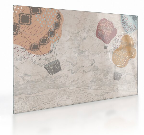 Obraz na szkle - Balony nad miastem, ciepłe odcienie (70x50 cm)