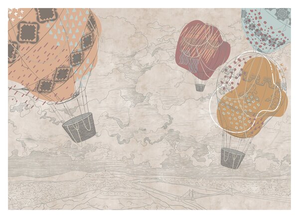 Obraz na szkle - Balony nad miastem, ciepłe odcienie (70x50 cm)