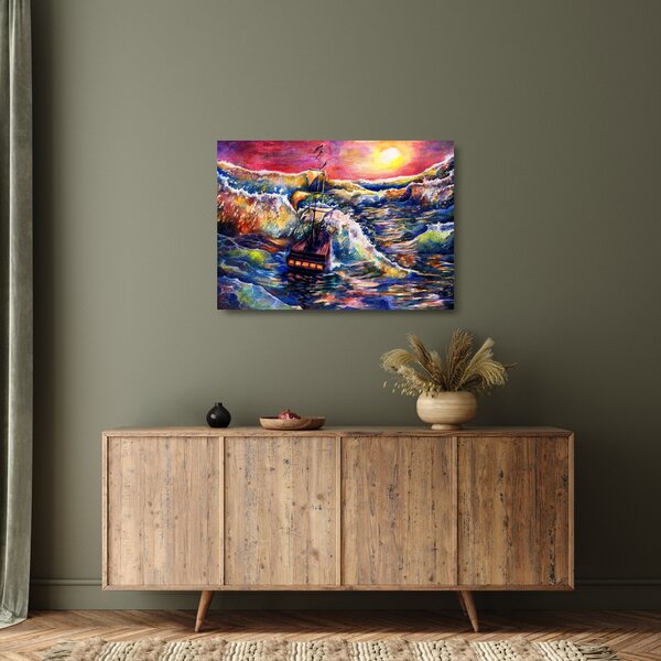 Obraz na szkle - Statek na falach oceanu, akwarela (70x50 cm)