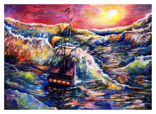 Obraz na szkle - Statek na falach oceanu, akwarela (70x50 cm)