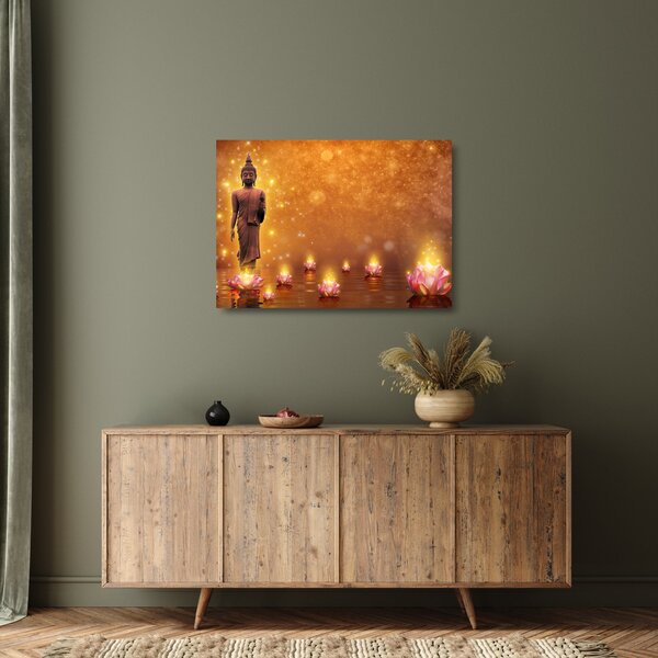 Obraz na szkle - Budda w złotym blasku (70x50 cm)