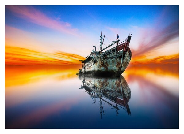Obraz na szkle - Wschód słońca nad wrakiem łodzi (70x50 cm)