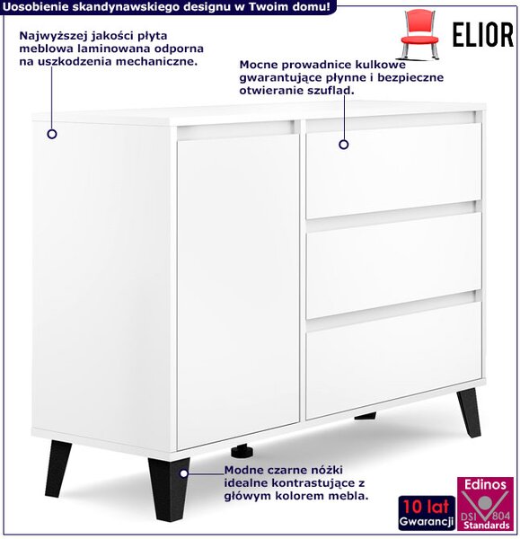 Biała komoda z 3 szufladami i szafką na nóżkach - Hallor 7X