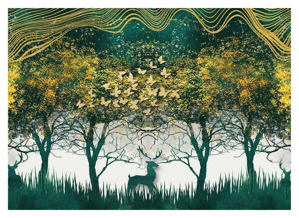 Obraz na szkle - Jelenie w zielonym lesie (70x50 cm)