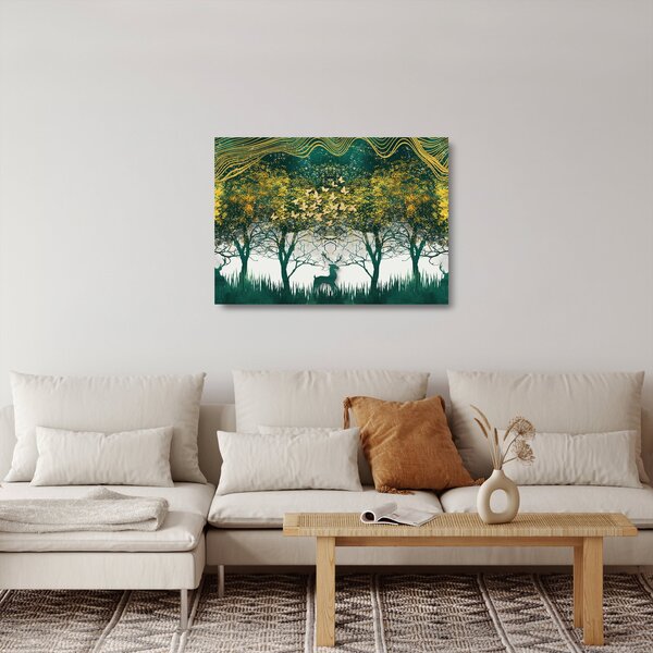 Obraz na szkle - Jelenie w zielonym lesie (70x50 cm)