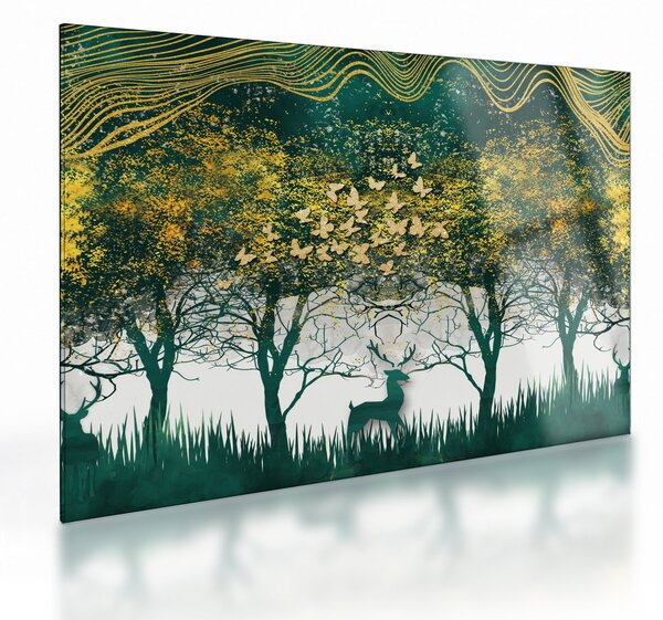 Obraz na szkle - Jelenie w zielonym lesie (70x50 cm)
