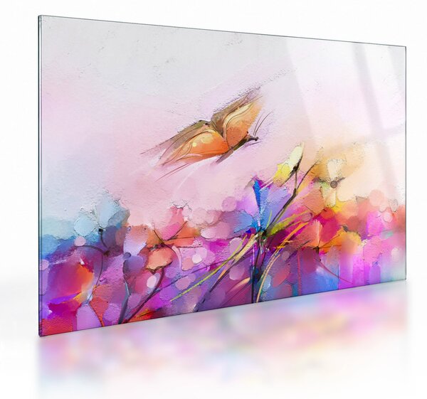 Obraz na szkle - Motyl nad kwiatem, abstrakcja (70x50 cm)