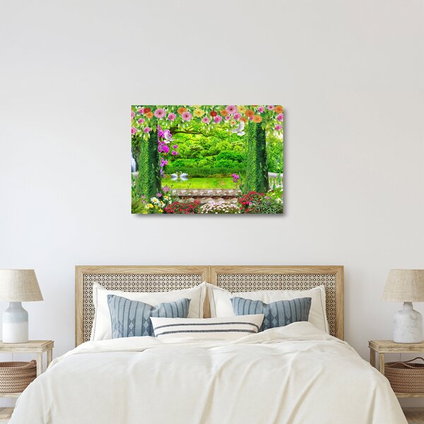 Obraz na szkle - Magiczny ogród z łabędziami (70x50 cm)