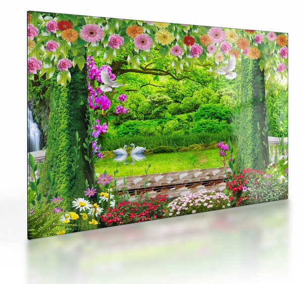 Obraz na szkle - Magiczny ogród z łabędziami (70x50 cm)