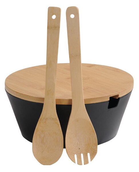 Miska na owoce i sałatki ze sztućcami i bambusową pokrywką, Ø 26 cm, czarna KESPER 92524