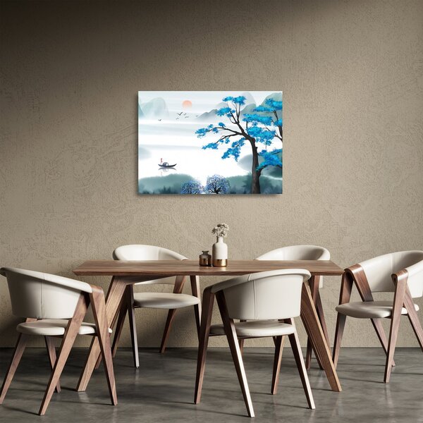 Obraz na szkle - Malowane jezioro z łódką (70x50 cm)