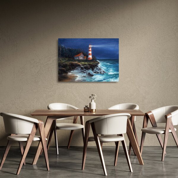 Obraz na szkle - Latarnia morska na brzegu oceanu, akwarela (70x50 cm)