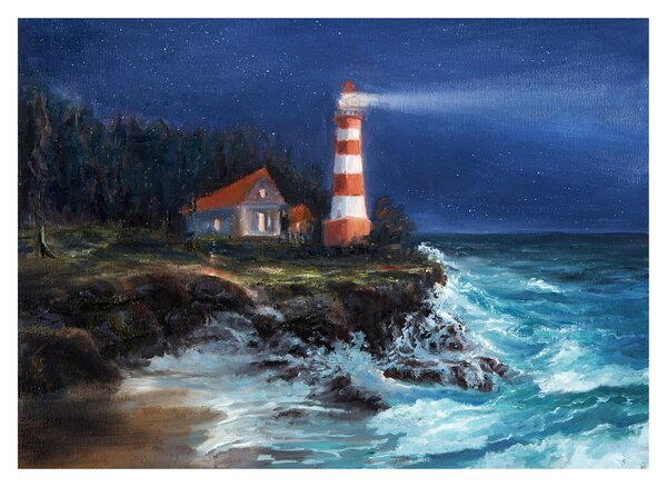 Obraz na szkle - Latarnia morska na brzegu oceanu, akwarela (70x50 cm)