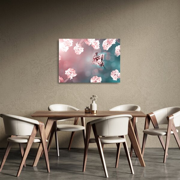 Obraz na szkle - Motyl wśród kwiatów (70x50 cm)