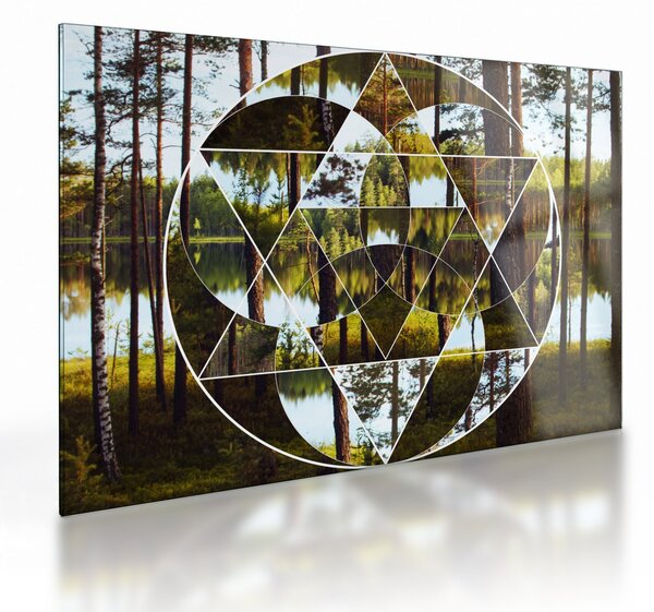 Obraz na szkle - Geometryczny kolaż na tle nordyckich lasów (70x50 cm)