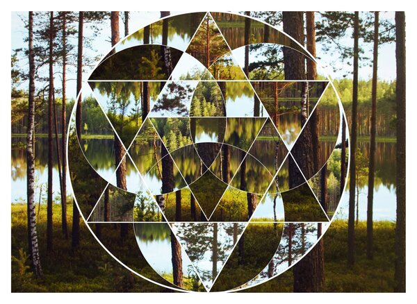 Obraz na szkle - Geometryczny kolaż na tle nordyckich lasów (70x50 cm)