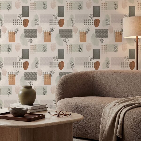 Tapety Kompozycja abstrakcyjna z liśćmi i figurami geometrycznymi, Tapety Abstrakcyjne, a01257 : Uwalls.pl
