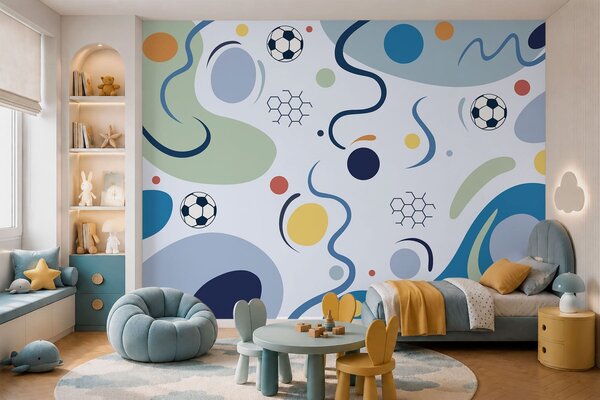 Fototapety Kolorowe abstrakcyjne kształty, piłki nożne i linie, Fototapeta Sportowa, w05142v1 : Uwalls.pl