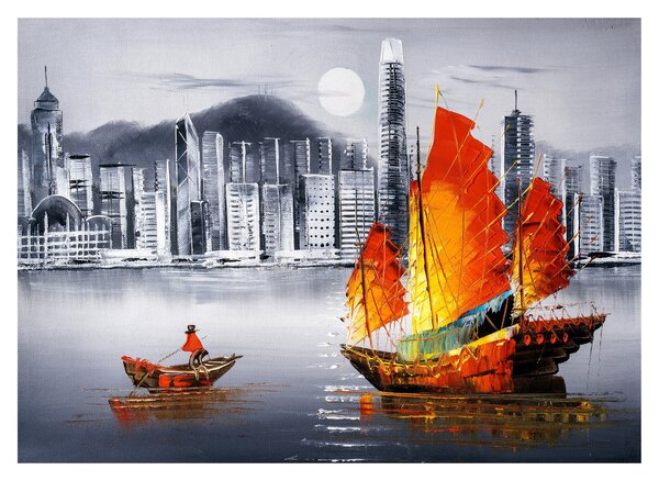 Obraz na szkle - Victoria Harbor, Hongkong, czarno-biały obraz olejny (70x50 cm)