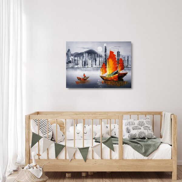 Obraz na szkle - Victoria Harbor, Hongkong, czarno-biały obraz olejny (70x50 cm)