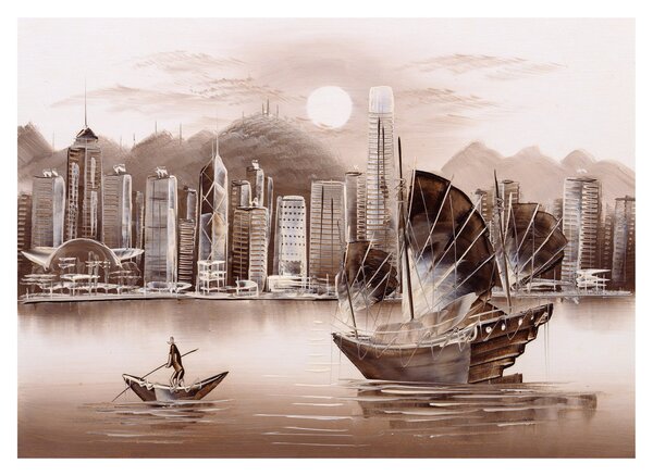 Obraz na szkle - Victoria Harbor, Hongkong, efekt sepii (70x50 cm)