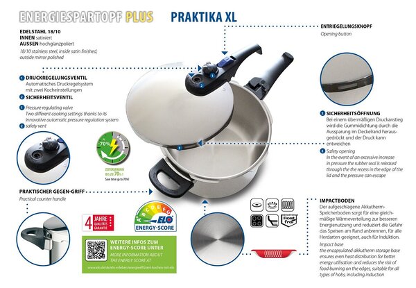 Praktika XL Szybkowar z koszykiem do gotowania na parze 6 l ELO 99266