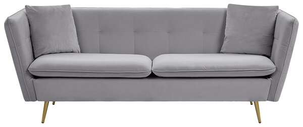 Welurowa 3-osobowa sofa pikowana złote nogi z 2 poduszkami szara Frederica Beliani
