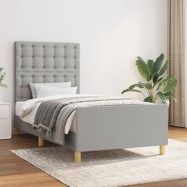 Rama łóżka z zagłówkiem, jasnoszara, 90x190 cm, obita tkaniną