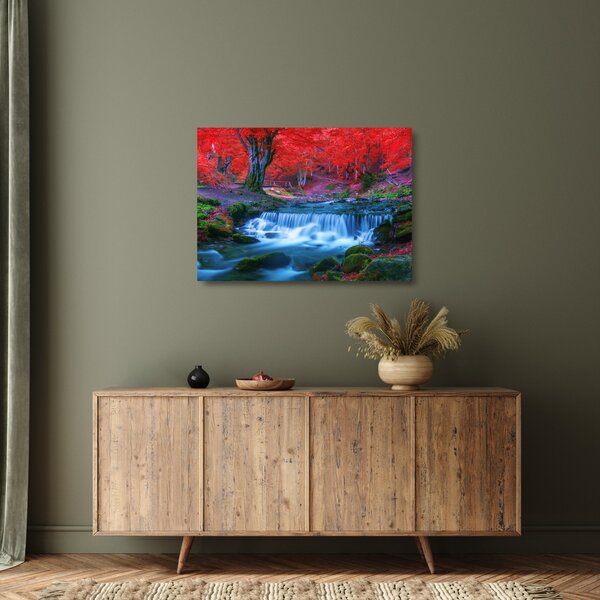 Obraz na szkle wodospadu w czerwonym lesie (70x50 cm)