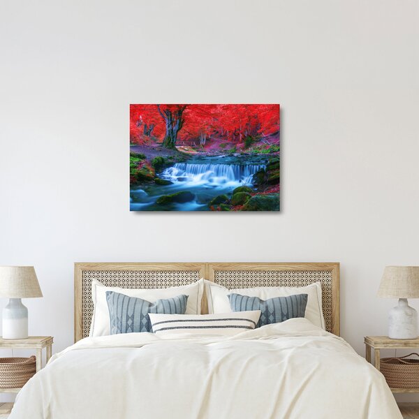 Obraz na szkle wodospadu w czerwonym lesie (70x50 cm)