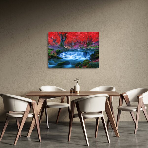 Obraz na szkle wodospadu w czerwonym lesie (70x50 cm)