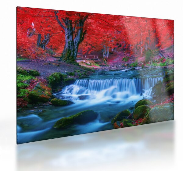 Obraz na szkle wodospadu w czerwonym lesie (70x50 cm)