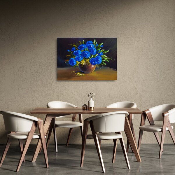 Obraz na szkle niebieskich kwiatów w wazonie (70x50 cm)