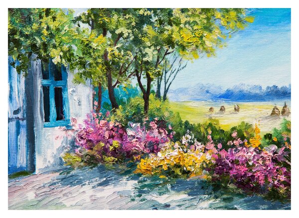 Obraz na szkle ogrodu przed domem, obraz olejny (70x50 cm)