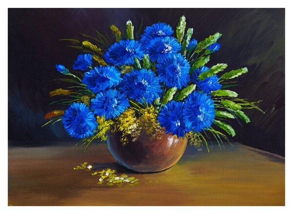 Obraz na szkle niebieskich kwiatów w wazonie (70x50 cm)