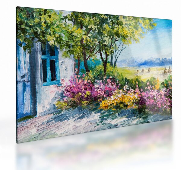 Obraz na szkle ogrodu przed domem, obraz olejny (70x50 cm)