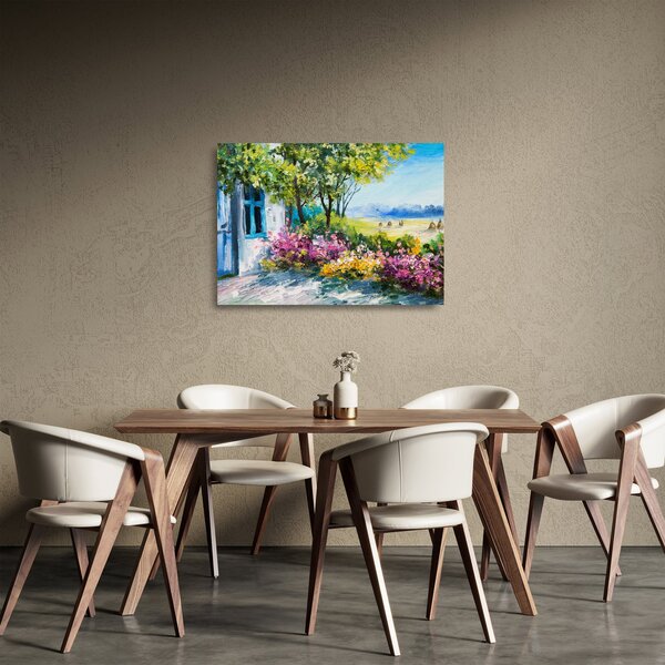 Obraz na szkle ogrodu przed domem, obraz olejny (70x50 cm)