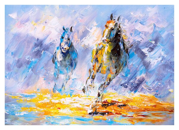 Obraz na szkle biegnących koni, obraz olejny (70x50 cm)
