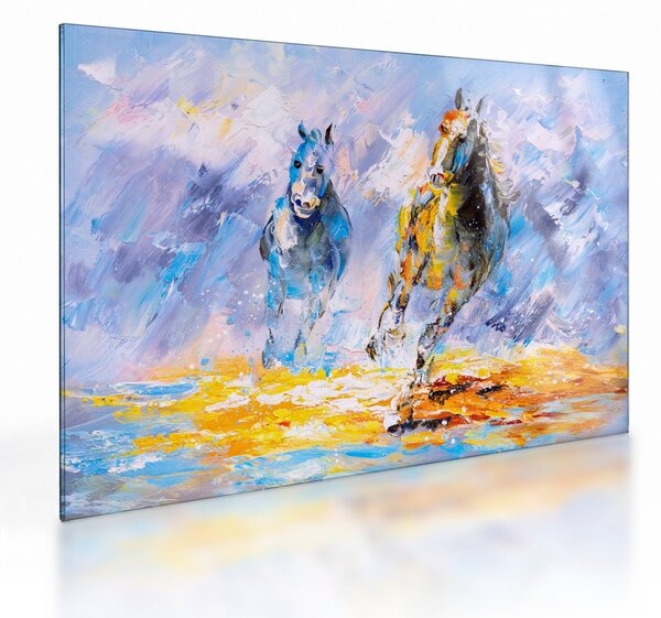 Obraz na szkle biegnących koni, obraz olejny (70x50 cm)