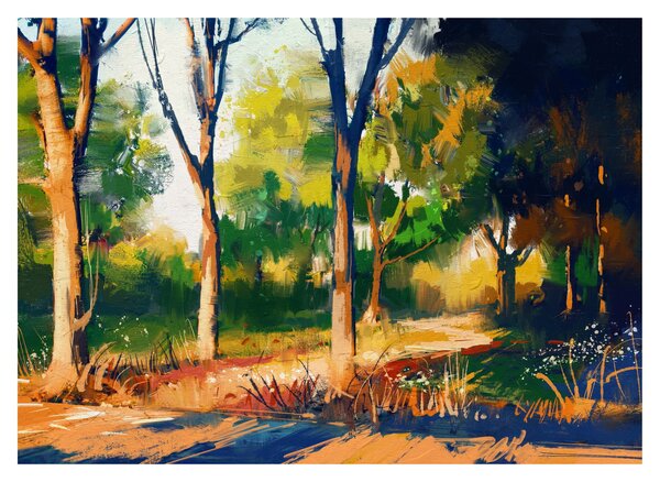 Obraz na szkle lasu w letnim słońcu, malarstwo (70x50 cm)