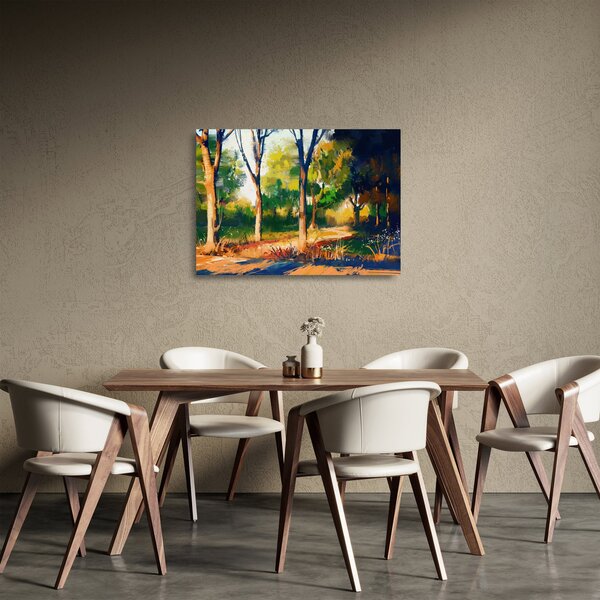 Obraz na szkle lasu w letnim słońcu, malarstwo (70x50 cm)